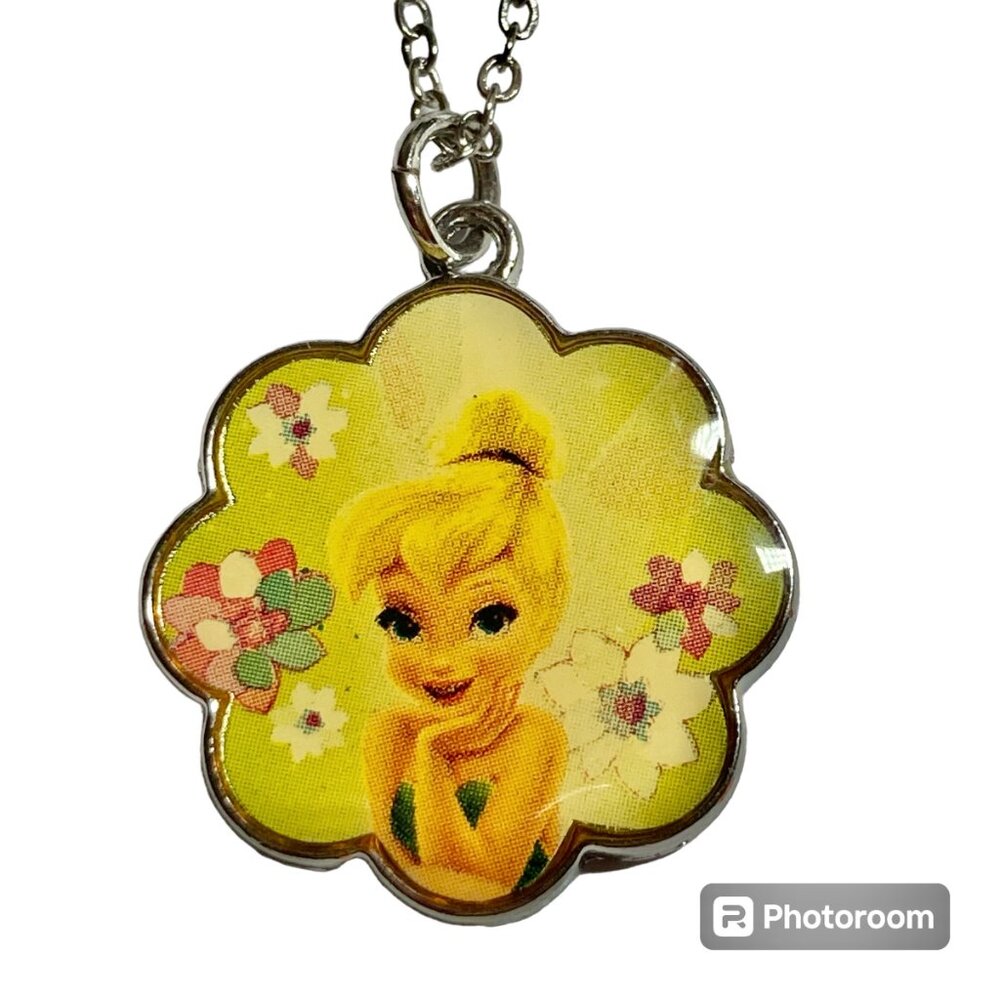 Vintage Disney Tinker Bell Tinkerbell Charm Necklace 18" Chain Fairy Silver Tone